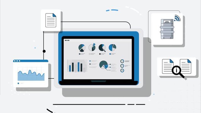 Digital business dashboard animation showing interactive financial data charts and analytical server connection processes on a modern laptop computer screen