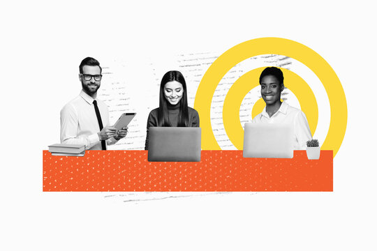 Trend composite template 3D photo collage of group businesspeople teamwork human resources two young lady wotk laptop man hold tablet aim