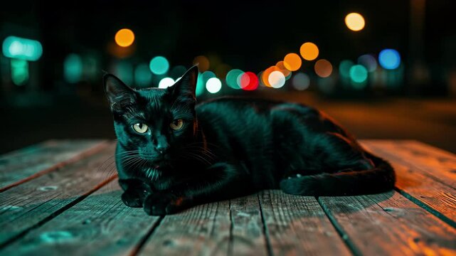 Black Cat Resting on Deck with Bokeh Lights.