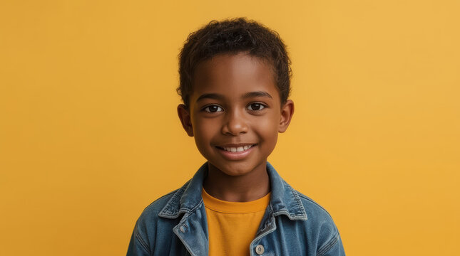 Happy Black boy smiling in denim jacket and yellow shirt