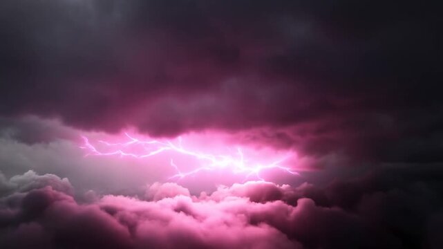 Aerial view of pink lightning bolts flashing across dense storm clouds with luminous magenta glow illuminating dark sky and rolling cumulonimbus formations