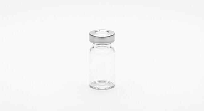 Clear borosilicate glass autosampler vial with crimped top and PTFE septum cap. Laboratory fluid chromatography analysis hardware isolated on white background.