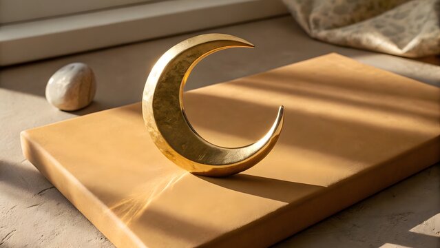 Golden crescent moon sculpture on wooden base with natural stone ball