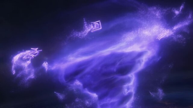 Slow motion swirling purple energy vortex forming glowing particles in dark cosmic void, tracking pan movement through luminous nebula storm