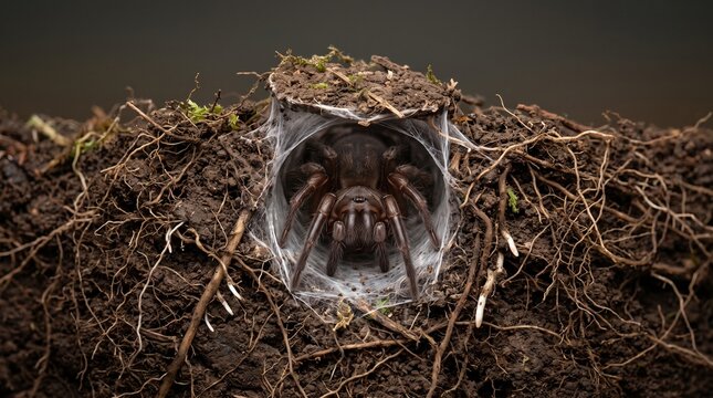 Macro Photography Of A Brown Trapdoor Spider Peeking Out From Its Silken Lined Burrow In Dark Soil