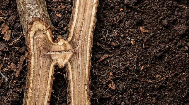 Detailed Macro Photograph Of A Split Tree Trunk Cross-Section With Exposed Grain And Soil
