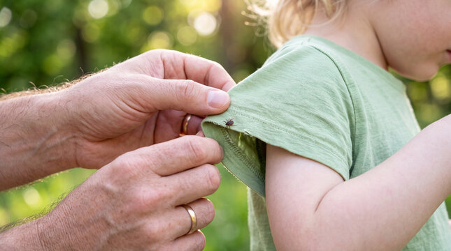 Child stands outside while an adult removes a tick from their shirt sleeve on a sunny day