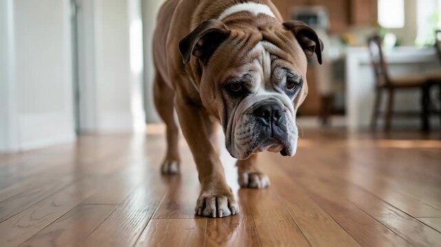 Bulldog Walking Indoors on Hardwood Floor.