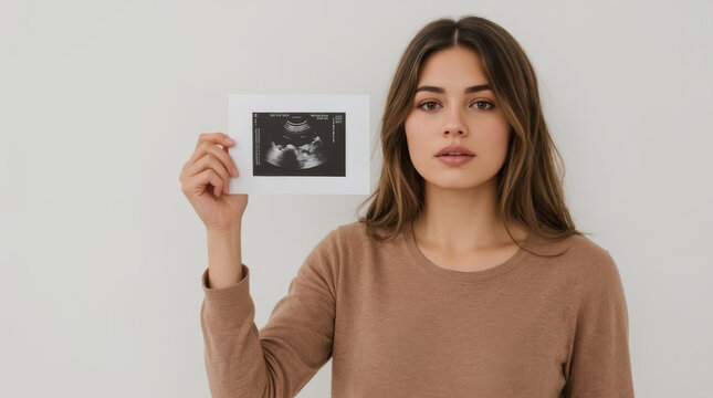 Pregnant woman holding ultrasound image with calm expression