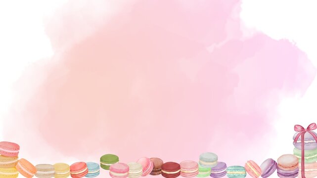 Hand-drawn watercolor French macarons frame on a soft pink pastel wash background. Cute sweet dessert backdrop with copy space for bakery, menu, birthday, and celebration designs.