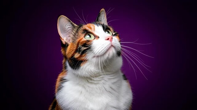 Calico Cat Gazing Up in Purple Studio Light.