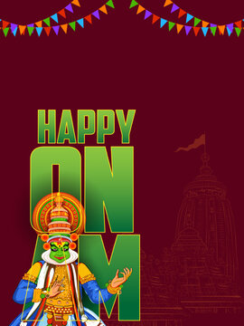 Happy Onam Greeting Background with Kathakali Face Illustration Vector