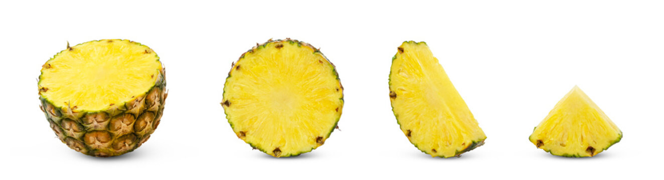 Pineapple slices set isolated. Half of pineapple isolate. Ananas slice with clipping path. Juicy slice of pineapple isol.