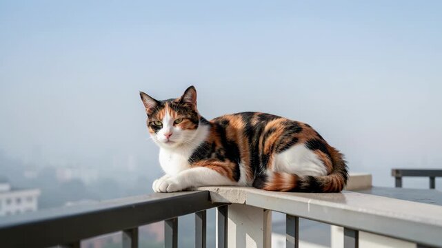 Calico Cat Resting On Balcony Railing.