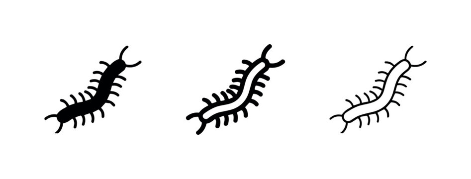 Centipede icon set. Black and white vector illustrations of a multi-legged insect or arthropod in glyph and outline styles.