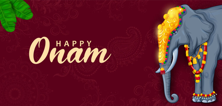 Happy Onam Luxury Greeting Card with Golden Temple Illustration Vector