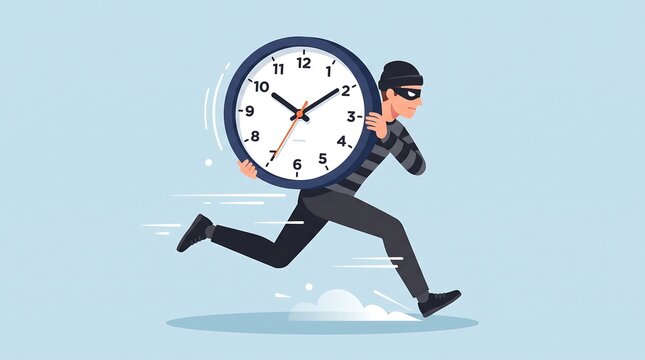 Cartoon burglar character in striped shirt and mask running away while carrying large wall clock for representing time theft procrastination and lost productivity concept.