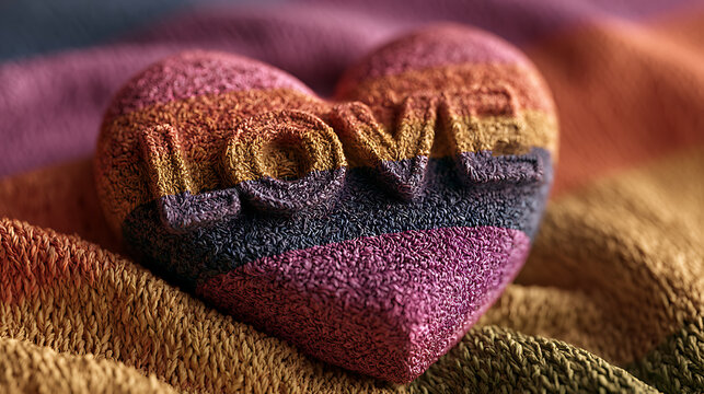 Heart with the word love rests on a colorful lgbtq pride flag fabric