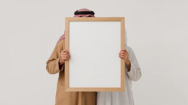 Arab couple holding blank picture frame