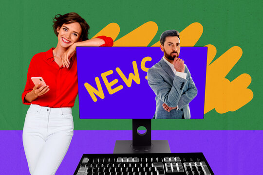 Composite 3D photo collage trend sketch of young lady smile hold phone man monitor display narrative advertisement propaganda fake news