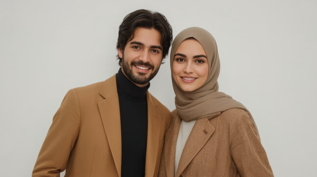 Arab couple smiling at camera in modest autumn clothing portrait