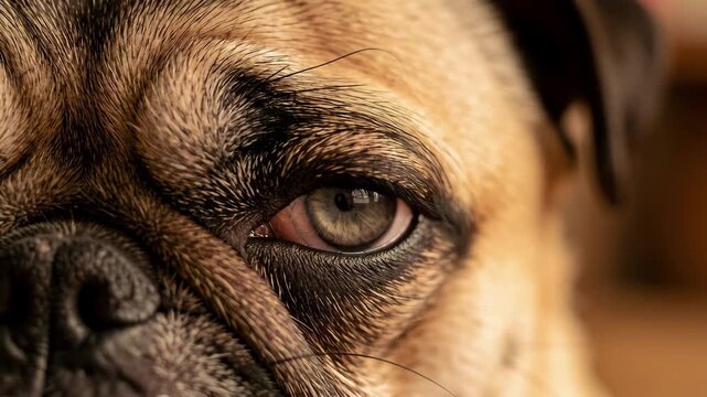 Close Up Dog Eye Portrait With Warm Fur Detail.