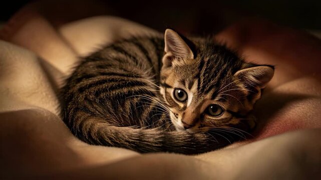 Cozy tabby kitten curled in soft blanket.