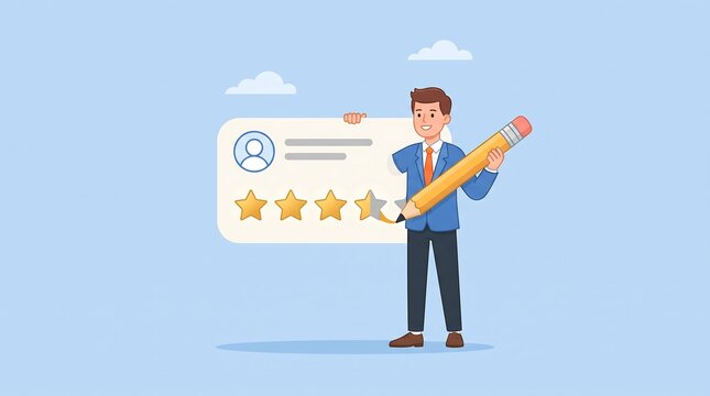 Businessman character holding a giant yellow pencil pointing at a star rating feedback card with customer review satisfaction score business character evaluation proce