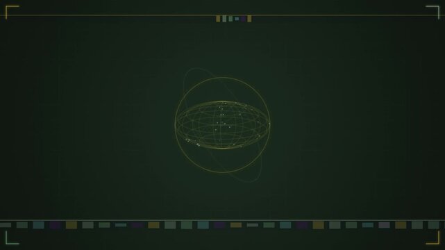 A green wireframe holographic model of earth globe rotating with looping orbital rings on dark background