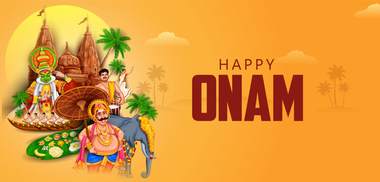 Happy Onam Festival Greeting Card with King Mahabali and Kerala Cultural Elements Vector