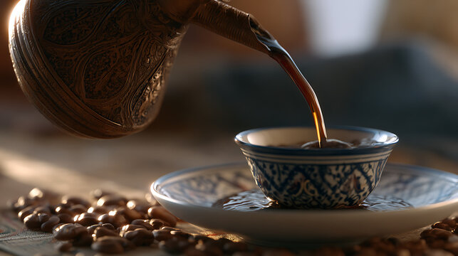 Ethiopian jebena coffee pot pouring dark brew into a traditional cup