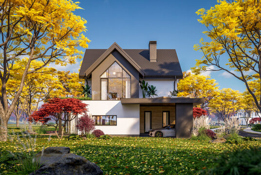 3d rendering of contemporary architectural luxury house exterior. Modern Scandinavian style family home with a white plaster walls, beautiful garden. Clear sunny autumn day with golden leaves anywhere