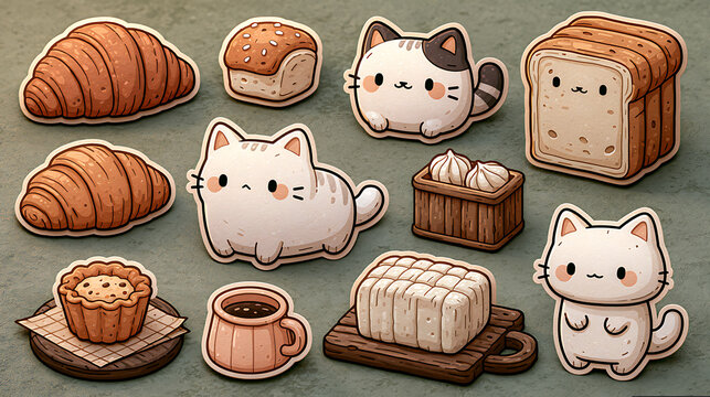 Kawaii cats and bakery items are depicted in a hand drawn doodle style