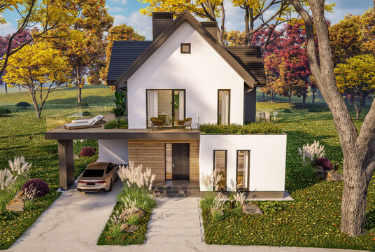 3d rendering of contemporary architectural luxury house exterior. Modern Scandinavian style family home with a white plaster walls, beautiful garden. Clear sunny autumn day with golden leaves anywhere
