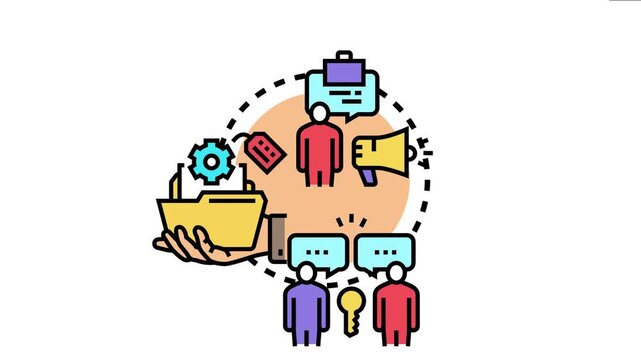 Professional development activities featuring a hand offering a folder with a gear. People holding speech bubbles. A megaphone. A briefcase. And a key