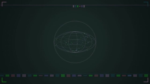 Wireframe planet globe rotating within circular frame on dark futuristic interface