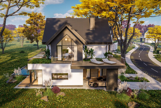 3d rendering of contemporary architectural luxury house exterior. Modern Scandinavian style family home with a white plaster walls, beautiful garden. Clear sunny autumn day with golden leaves anywhere