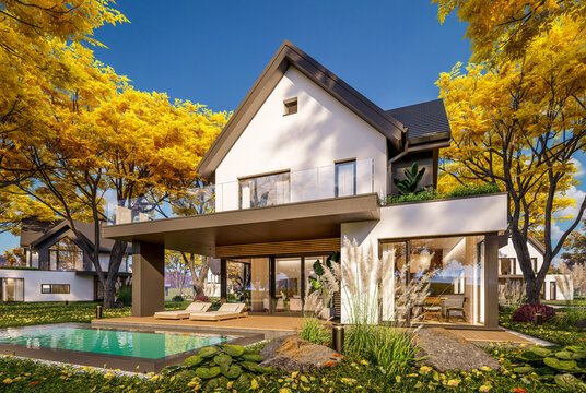 3d rendering of contemporary architectural luxury house exterior. Modern Scandinavian style family home with a white plaster walls, beautiful garden. Clear sunny autumn day with golden leaves anywhere