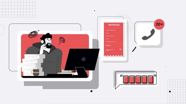 Stressed professional dealing with massive piles of paperwork and endless phone calls shown in this animated motion graphics explainer video