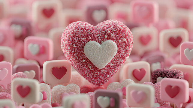 Pink heart shaped candies with a white heart detail fill the frame