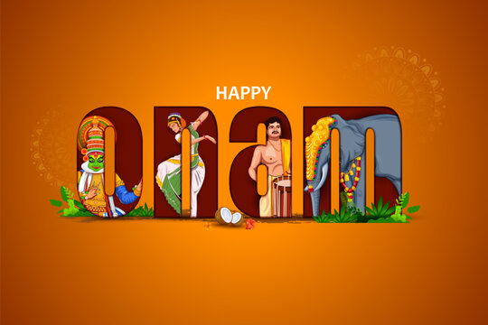 Happy Onam Vertical Typography Poster with Kerala Festival Illustration Vector