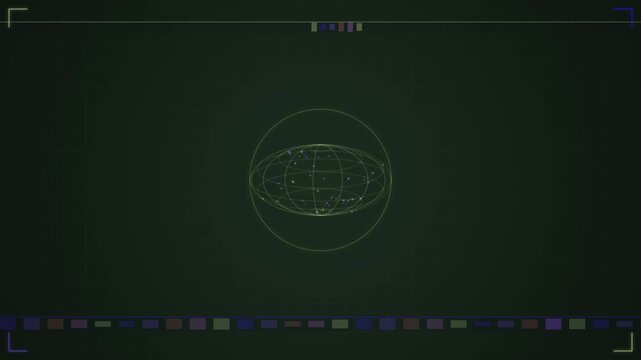 Glowing yellow wireframe globe with orbital ring on dark green looping background