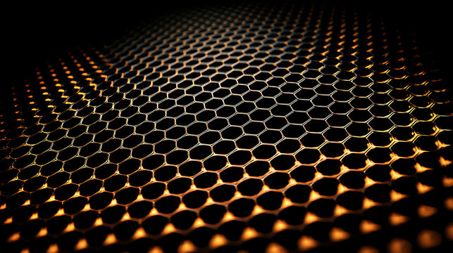 Hexagon honeycomb pattern features a dark metallic surface with orange illumination
