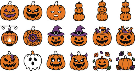 Fototapeta premium Halloween Jack o Lantern and Pumpkins Vector Icon Set - Spooky Fall Line Icons.