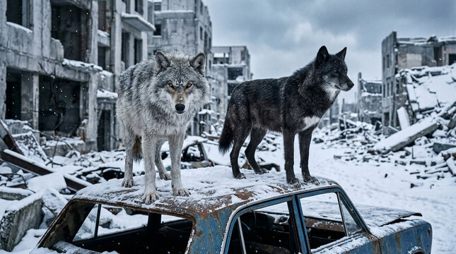 Two Gray Wolfs Standing Top