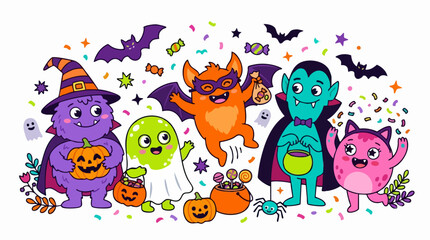 Obraz premium Cute Halloween monsters vector illustration, friendly cartoon creatures with pumpkins and candy, spooky party characters
