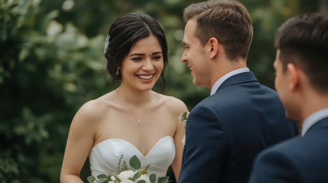 Asian bride smiling beside Caucasian groom during outdoor wedding ceremony