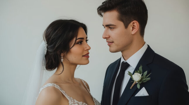 Asian bride Caucasian groom wedding portrait facing each other with tender expression