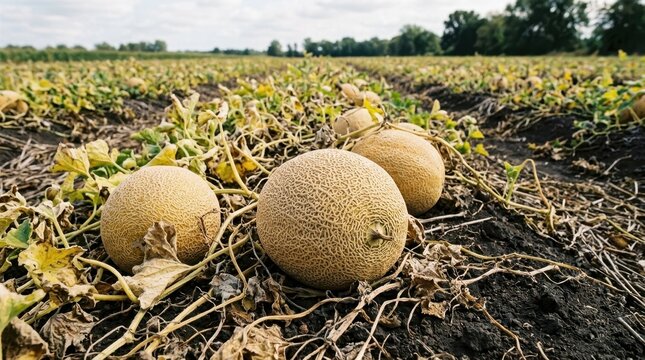 Ripe cantaloupes resting on dark soil in an agricultural field. Netted melons ready for harvest on a sunny day