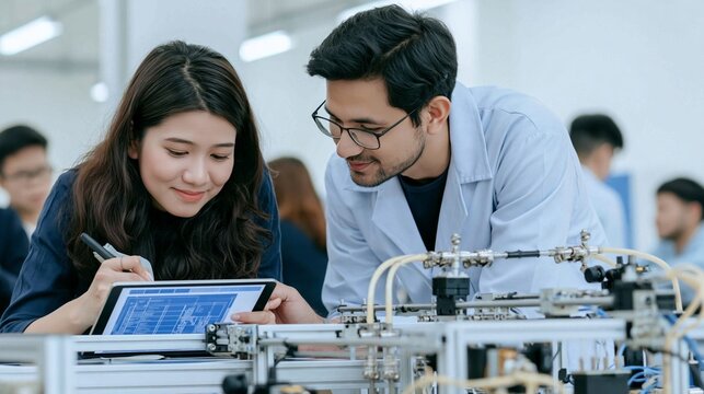 Engineering students collaborating on advanced robotics project, designing automation systems using digital tablet in laboratory